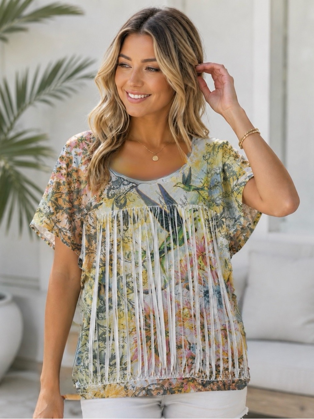ONE WORLD Women’s Tropical Floral Fringe Short Sleeve Top in Green Multi Size M